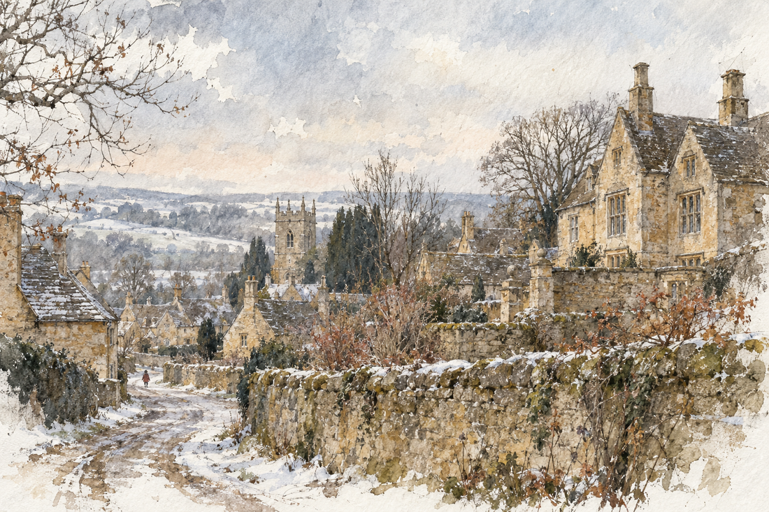 Loose winter watercolour of Bisley, Gloucestershire, evoking the Overcourt House legend of the Bisley Boy