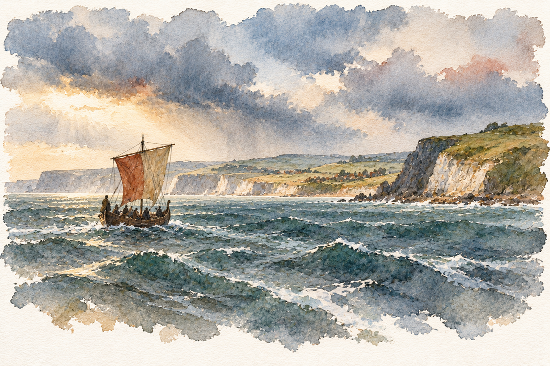 Watercolour illustration of a small vessel approaching the British coast
