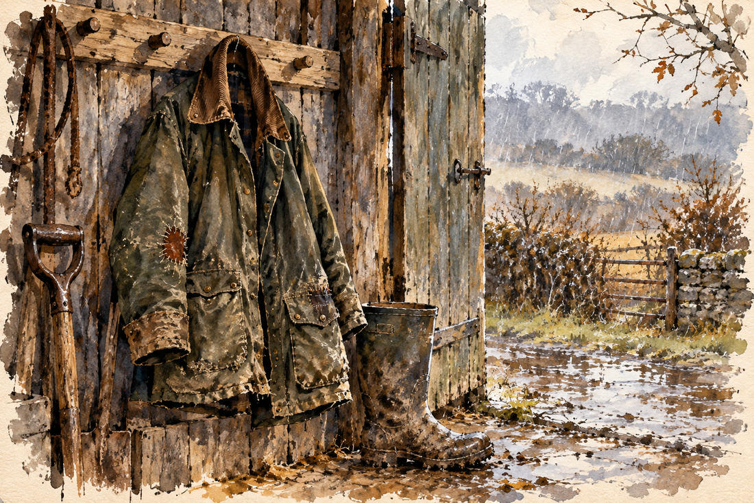 Watercolour illustration of a weathered waxed cotton jacket in a farm shed