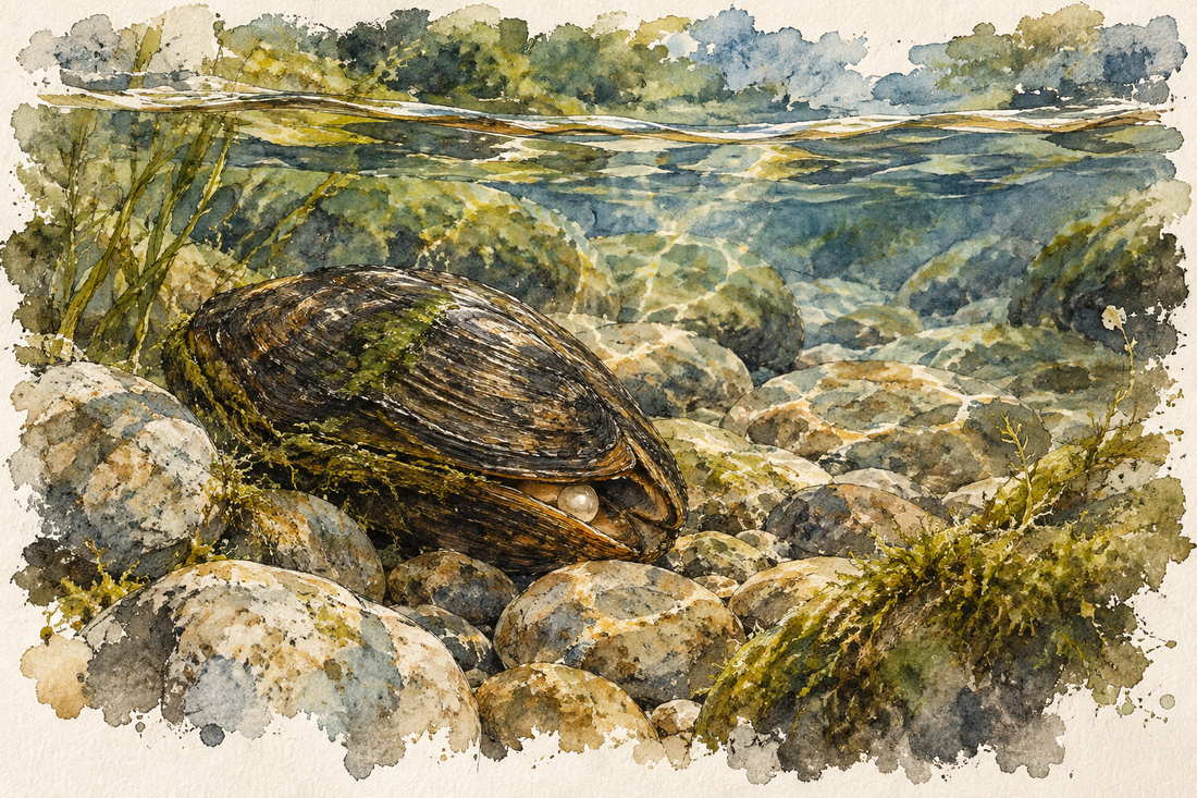 Watercolour illustration of a freshwater pearl mussel in a clear river