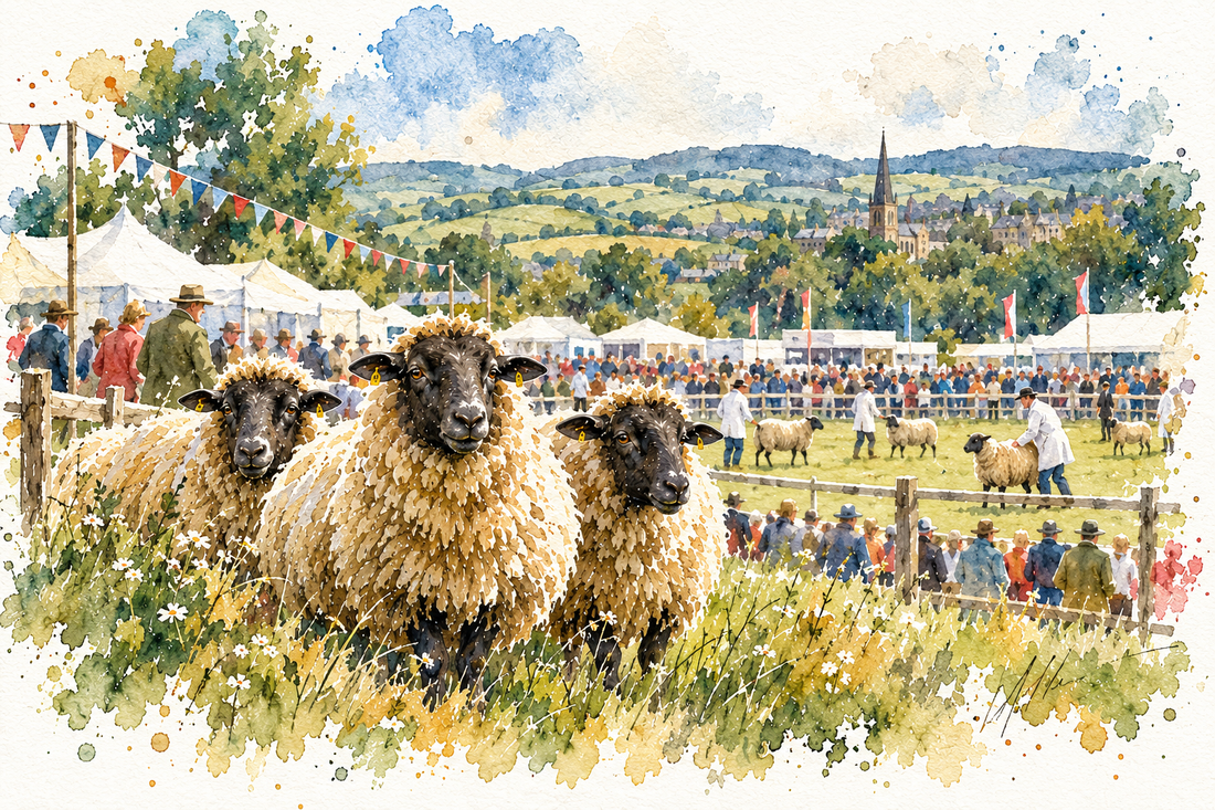Watercolour illustration of sheep and the Great Yorkshire Show in the Yorkshire landscape