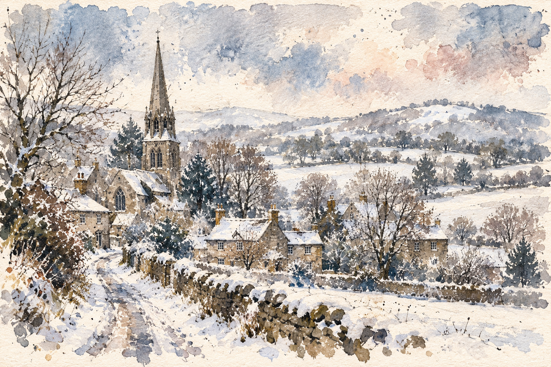 Watercolour illustration of a snowy Derbyshire village and church