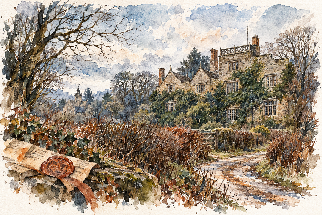 Watercolour illustration of Marple Hall in Cheshire countryside