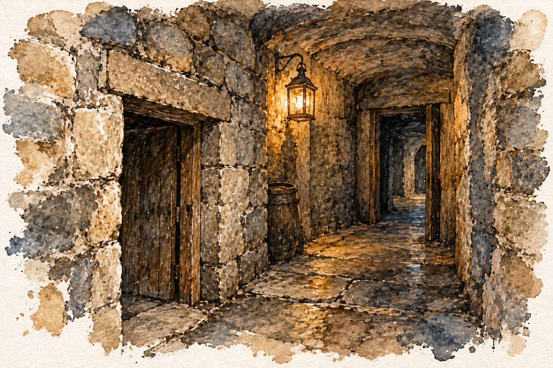 Watercolour illustration of a historic underground passage in Edinburgh