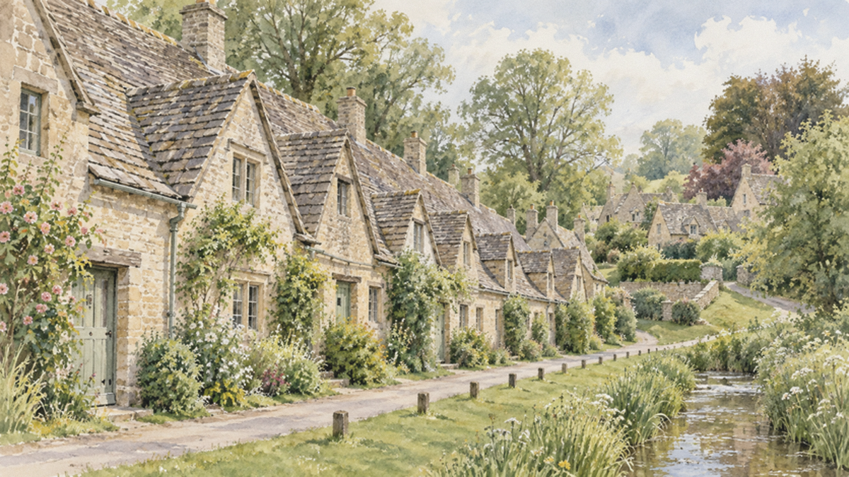 Loose hand-painted watercolour of Arlington Row in the Cotswolds