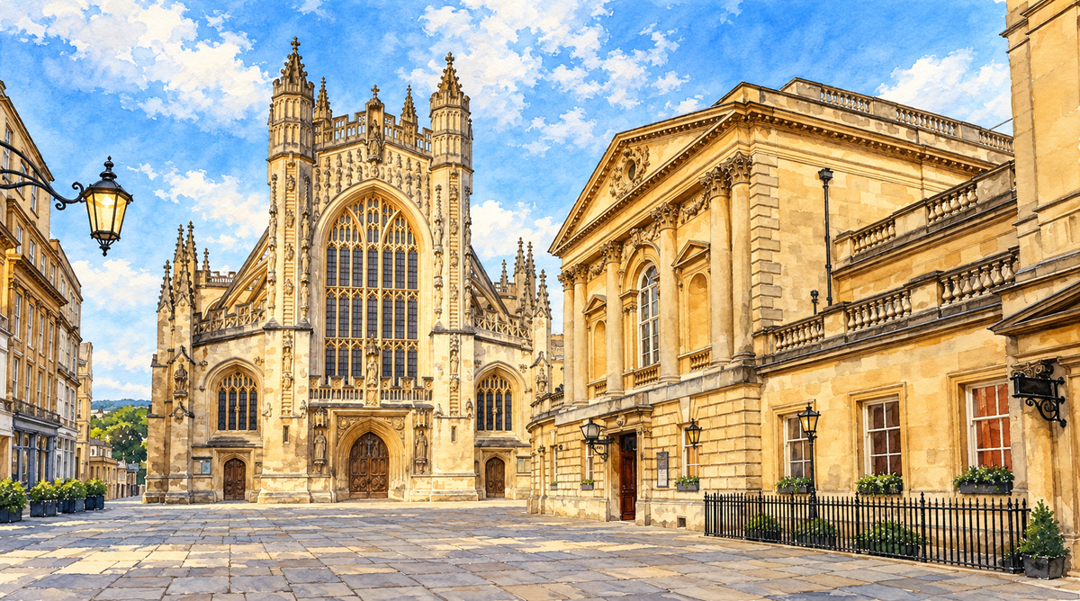 Bath Abbey west front and the Pump Room