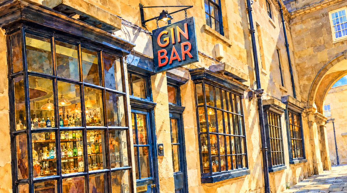 Watercolour of the Gin Bar on Queen Street, Bath