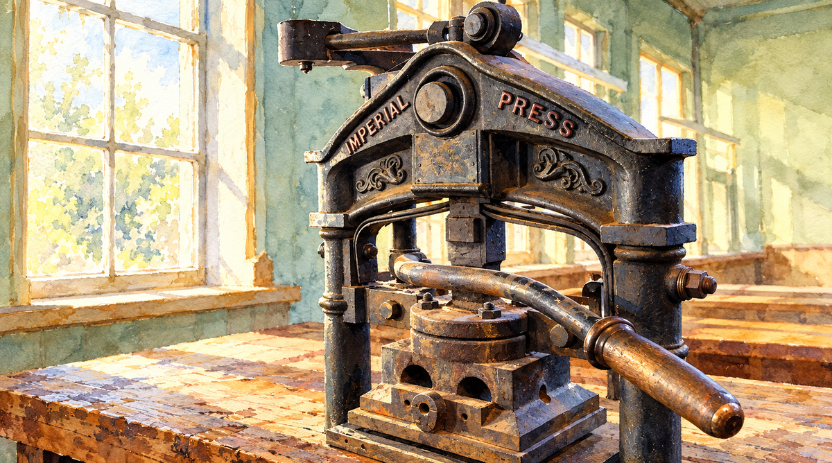 Watercolour of the Imperial bookbinding press at Bayntun-Riviere, Bath