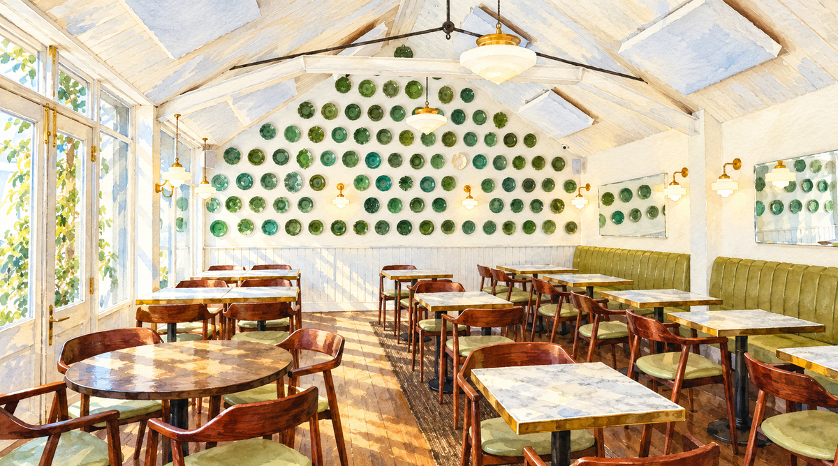 Watercolour of Beckford Canteen’s converted greenhouse dining room, Bath