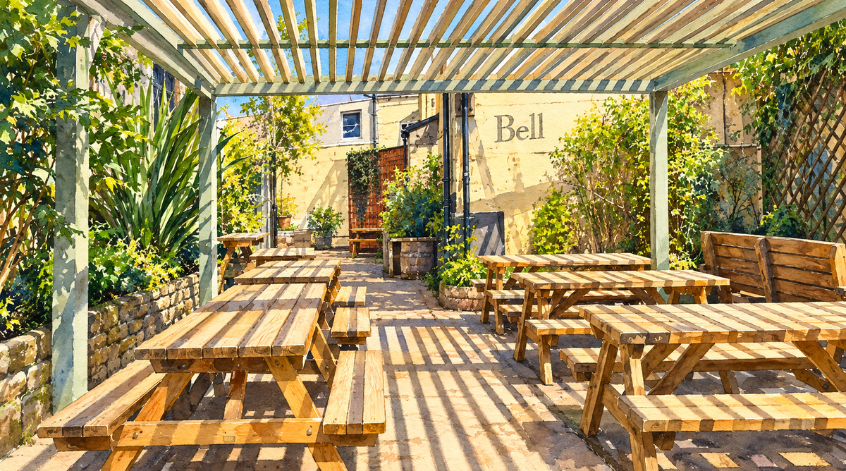 Watercolour of The Bell Inn’s rear garden and pergola, Bath