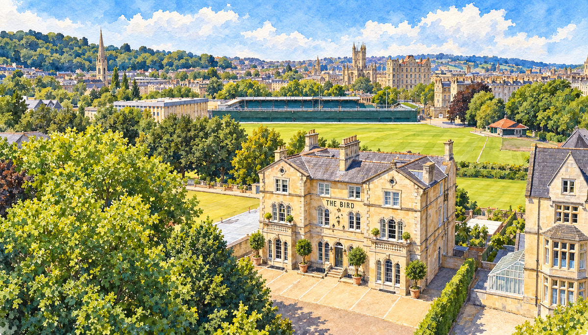 Watercolour of The Bird hotel with the Recreation Ground and Bath beyond
