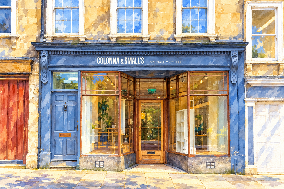 Watercolour of Colonna & Small’s shop front on Chapel Row, Bath