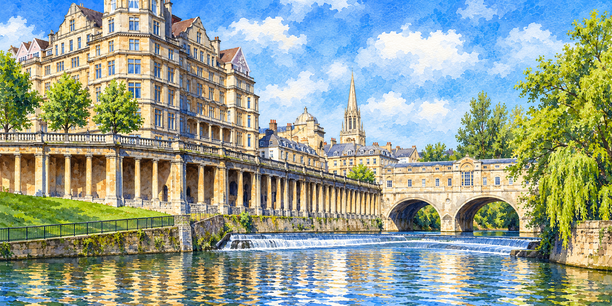 Watercolour of Pulteney Bridge, the River Avon and the Empire building in Bath