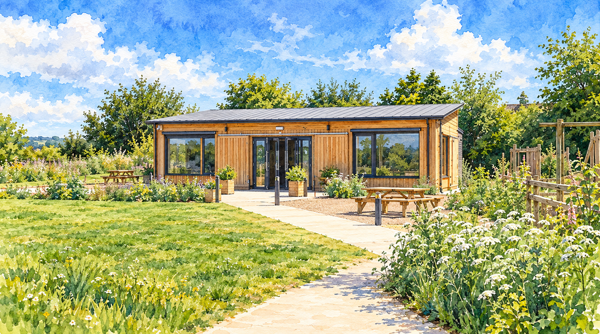 Watercolour of Roots To Work café at Bath City Farm