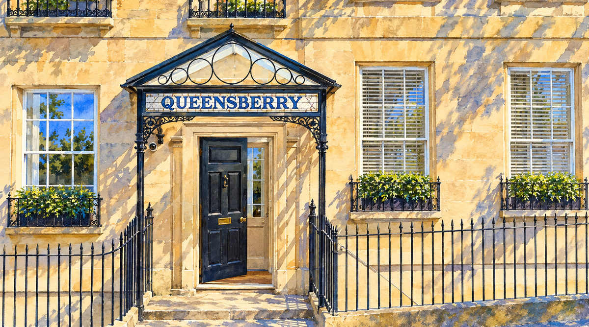 Watercolour of The Queensberry Hotel entrance on Russell Street, Bath