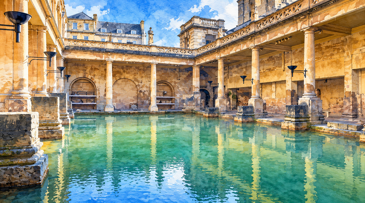 Watercolour of the Great Bath at the Roman Baths museum, Bath