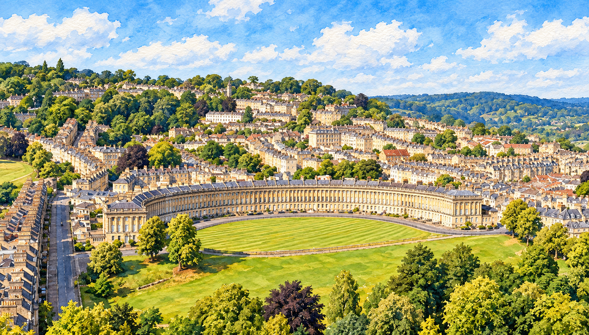 Watercolour of the Royal Crescent and its surrounding Bath streets