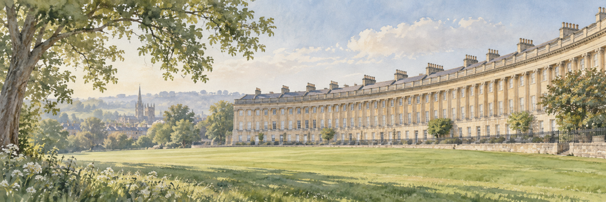 Loose hand-painted watercolour of the Royal Crescent in Bath