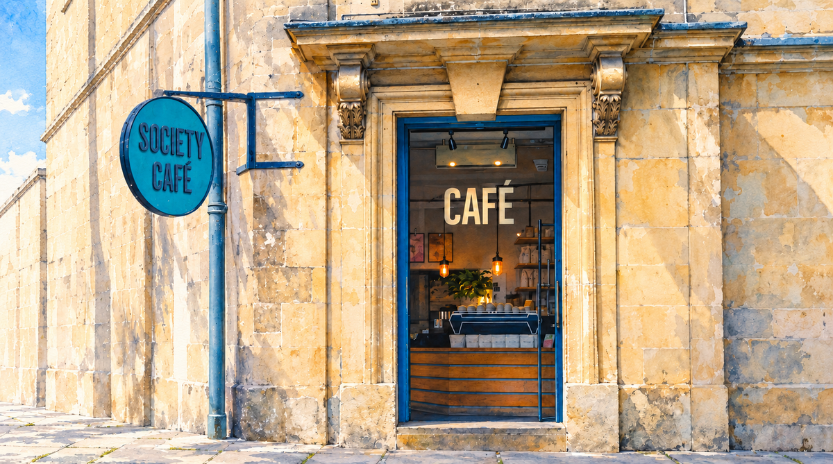 Watercolour of Society Café’s Kingsmead Square doorway, Bath