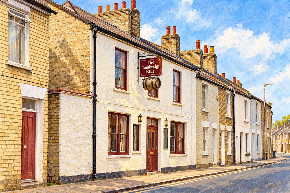 The Cambridge Blue pub on Gwydir Street, Cambridge, sunny landscape watercolour