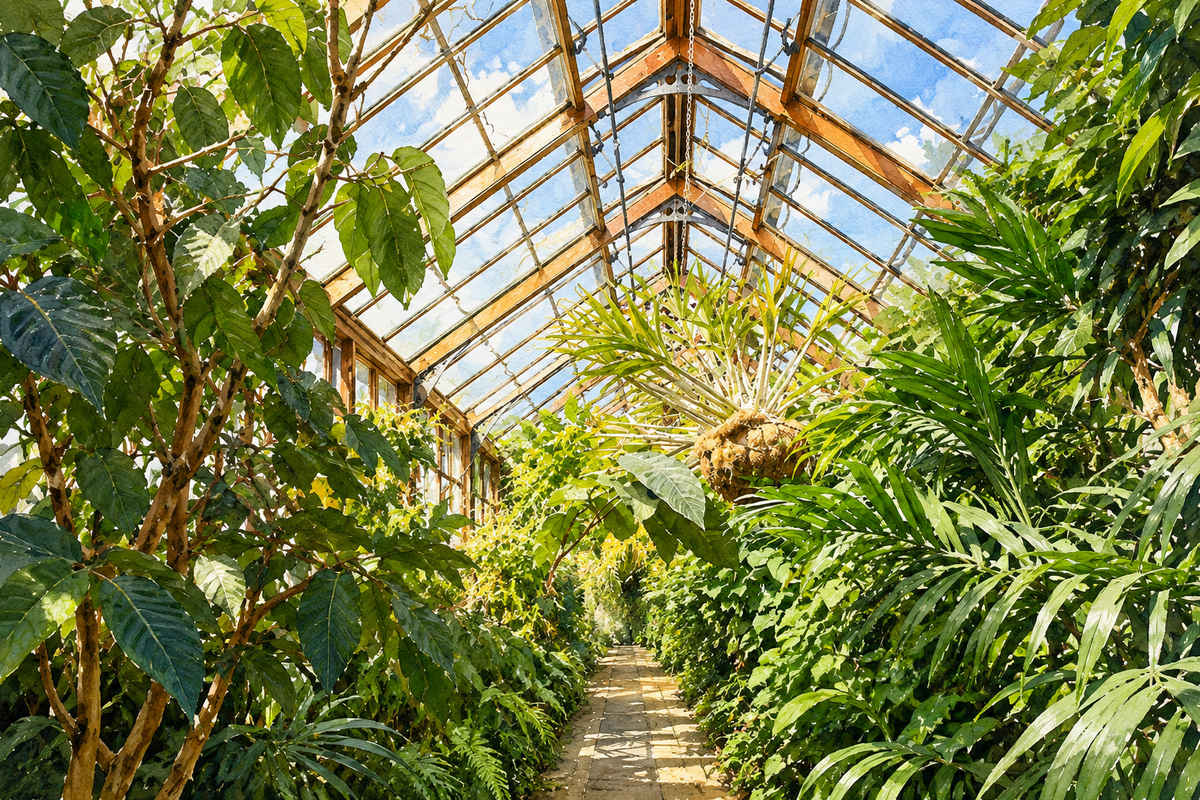 Cambridge University Botanic Garden glasshouse, Cambridge, sunny landscape watercolour