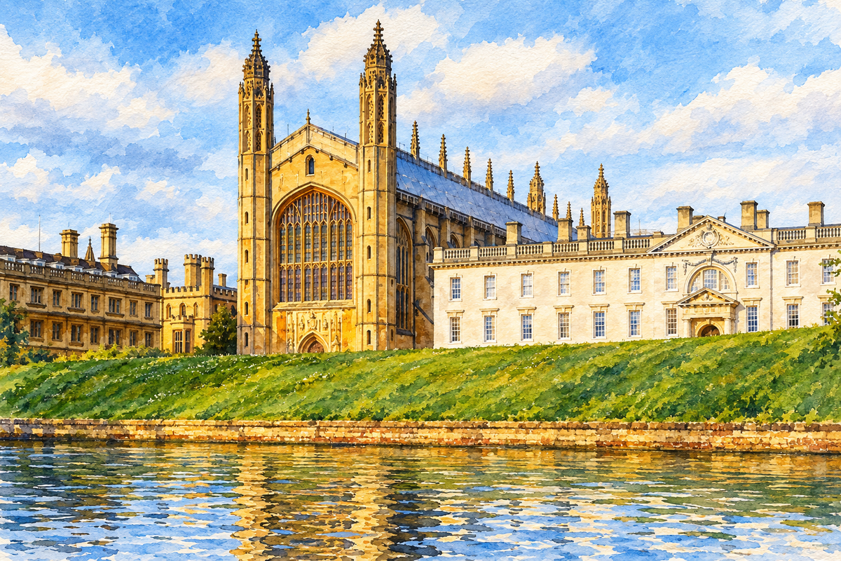 King’s College Chapel and the River Cam, Cambridge, in a sunny landscape watercolour