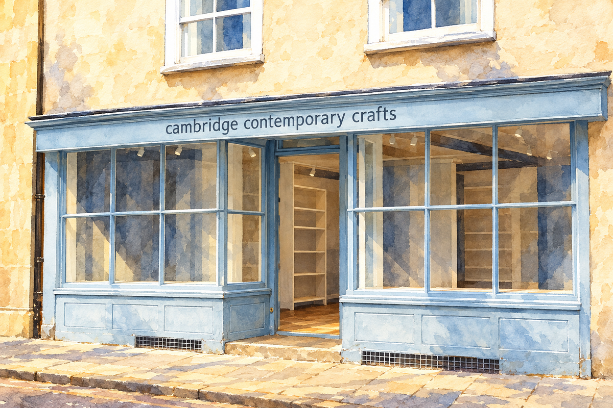 Cambridge Contemporary Crafts on Bene’t Street, Cambridge, sunny landscape watercolour