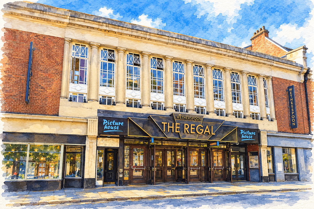 The Arts Picturehouse building above The Regal, Cambridge, sunny landscape watercolour