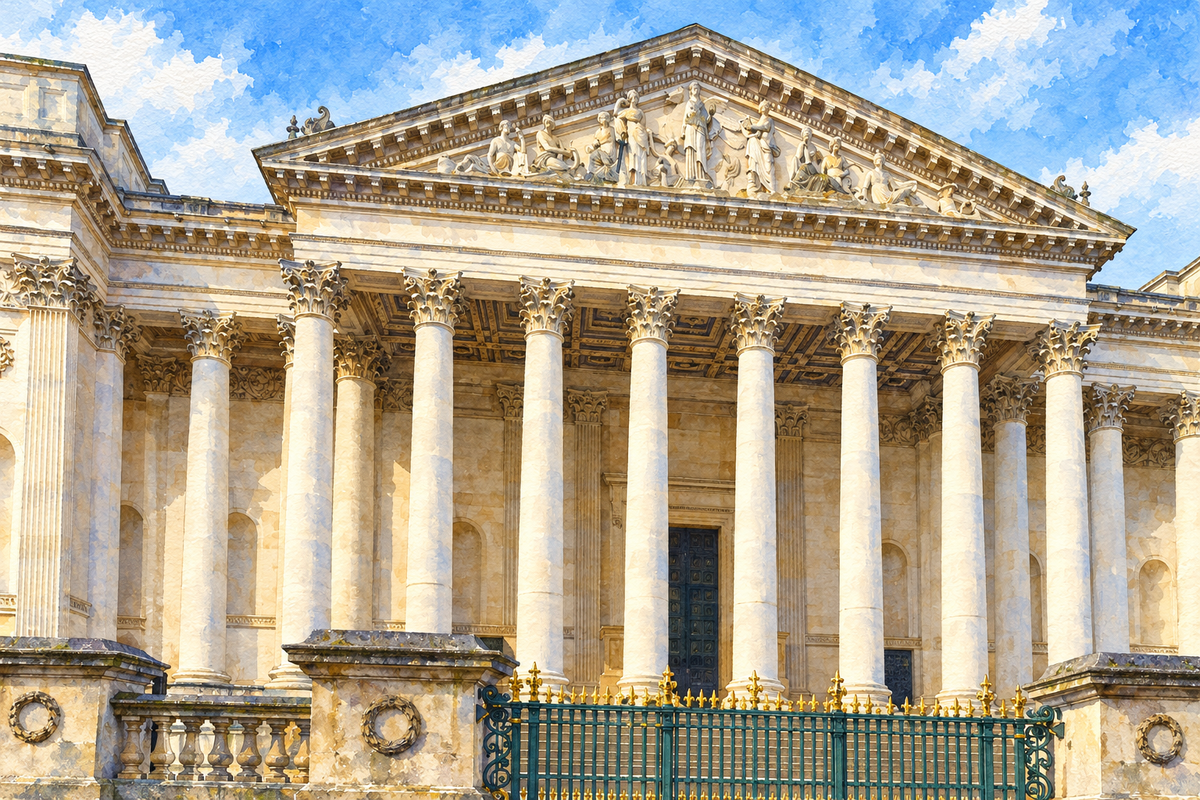 The Fitzwilliam Museum portico, Cambridge, sunny landscape watercolour