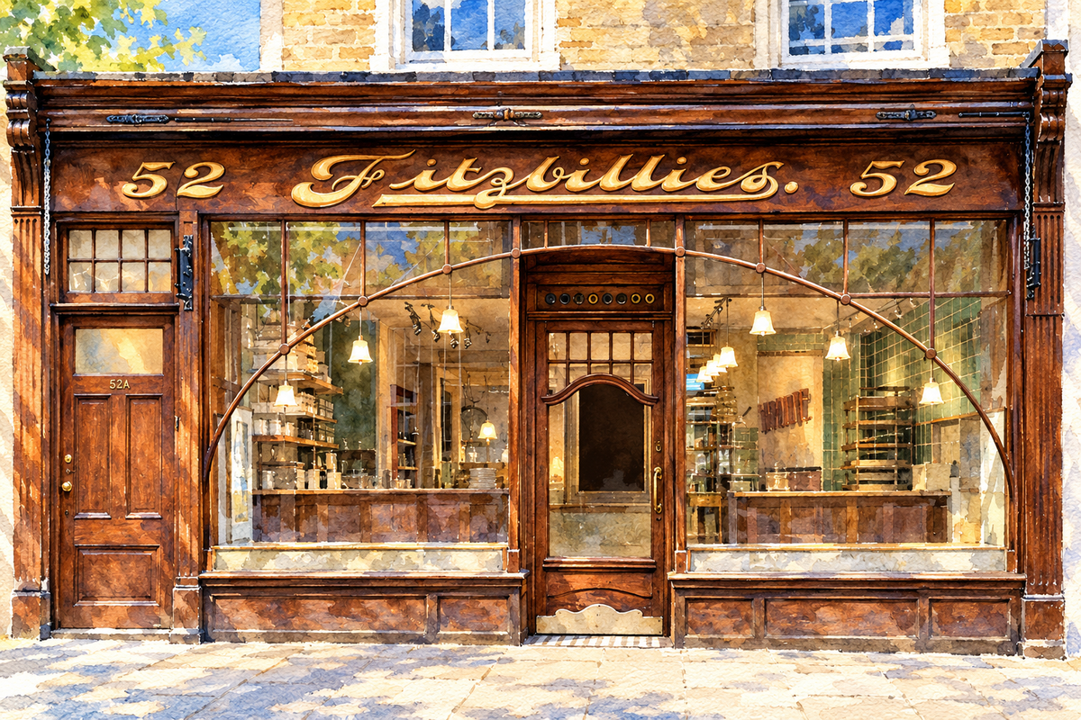 The original Fitzbillies frontage on Trumpington Street, Cambridge, sunny landscape watercolour