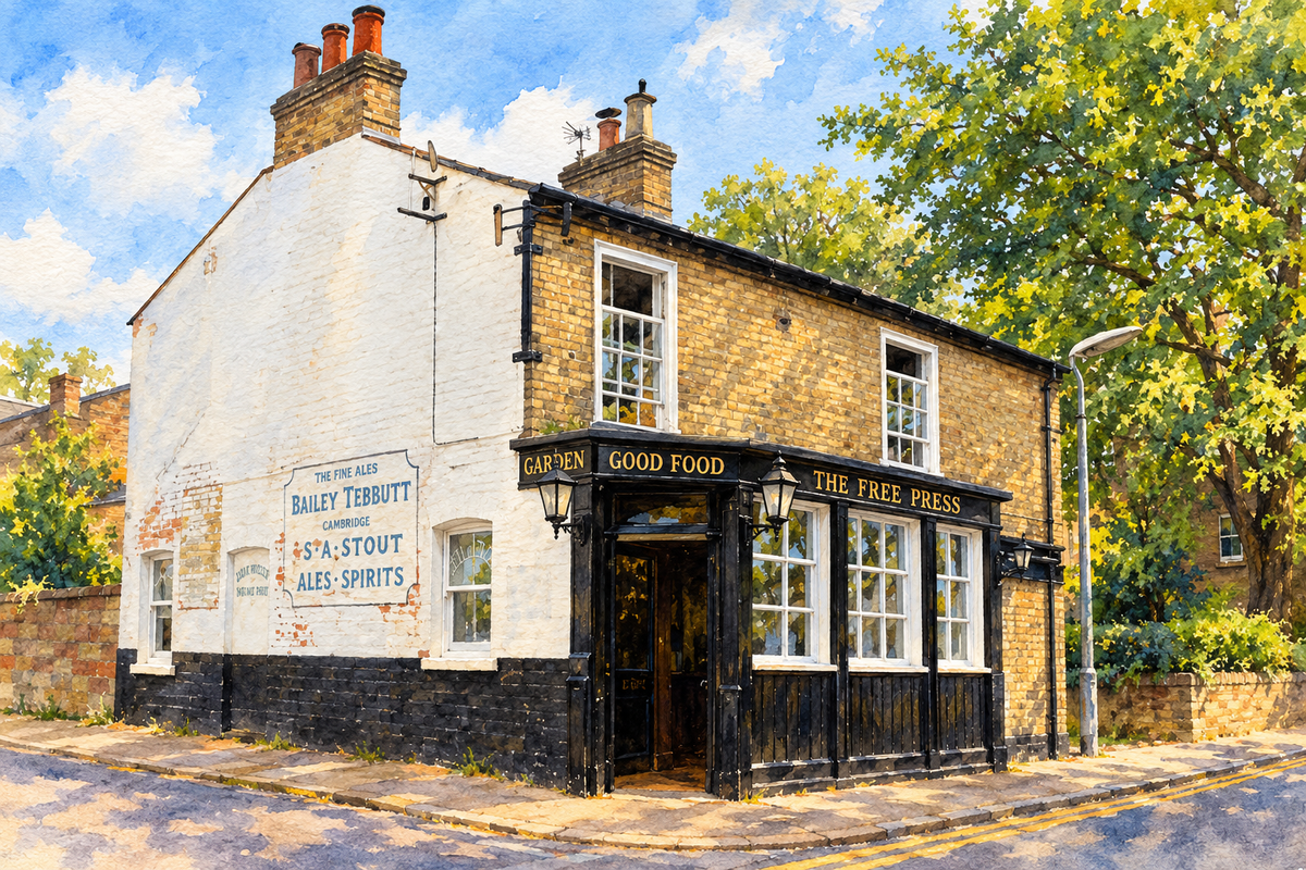 The Free Press pub on Prospect Row, Cambridge, sunny landscape watercolour