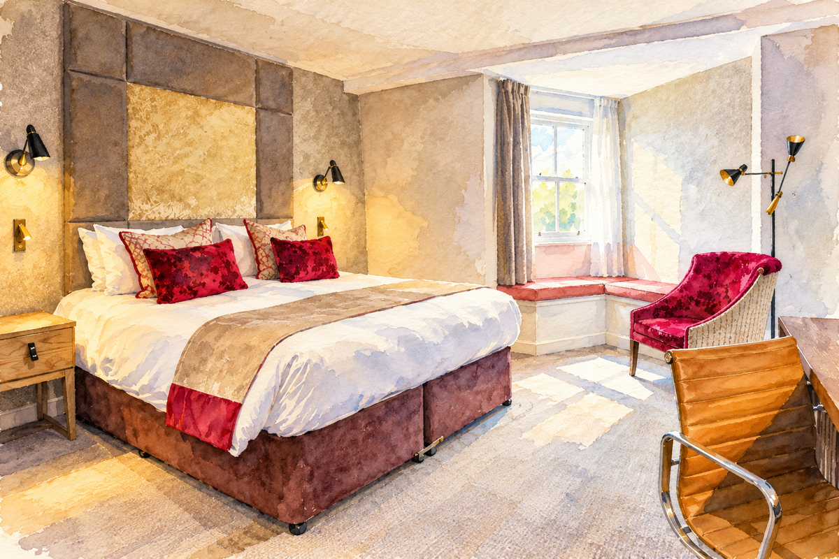Gonville Hotel bedroom, Cambridge, sunny landscape watercolour