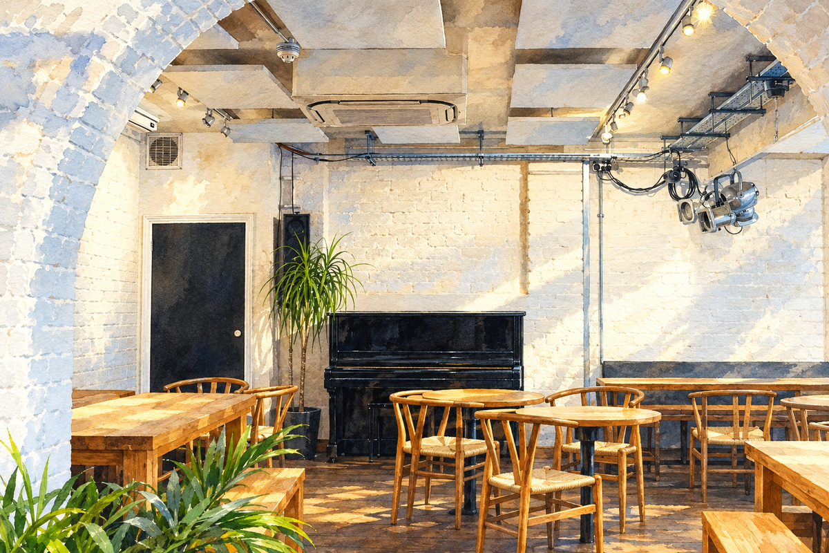 Hot Numbers café at Dale’s Brewery, Gwydir Street, Cambridge, sunny landscape watercolour
