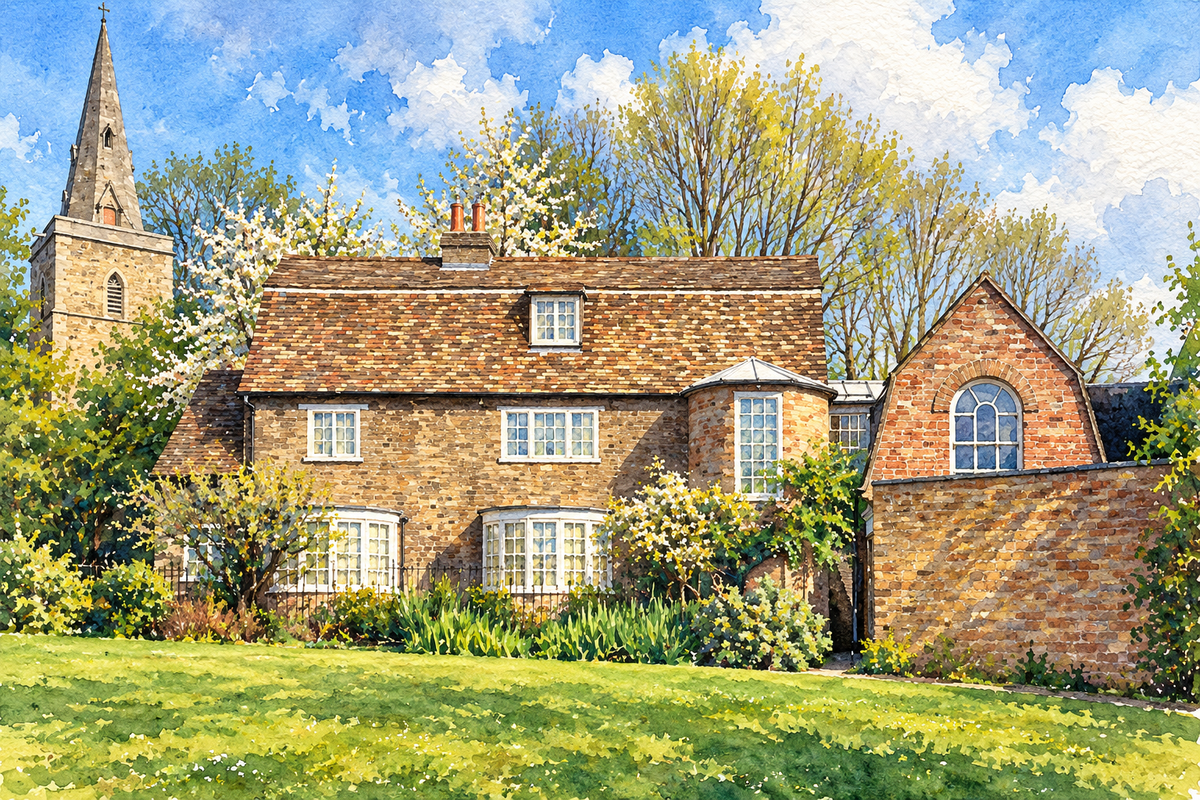 Kettle’s Yard house, Cambridge, sunny landscape watercolour
