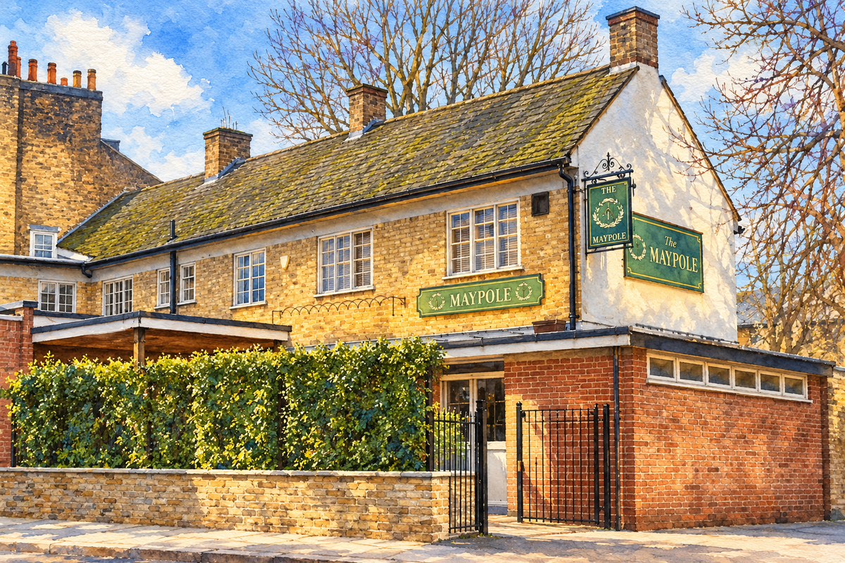 The Maypole pub on Portugal Place, Cambridge, sunny landscape watercolour