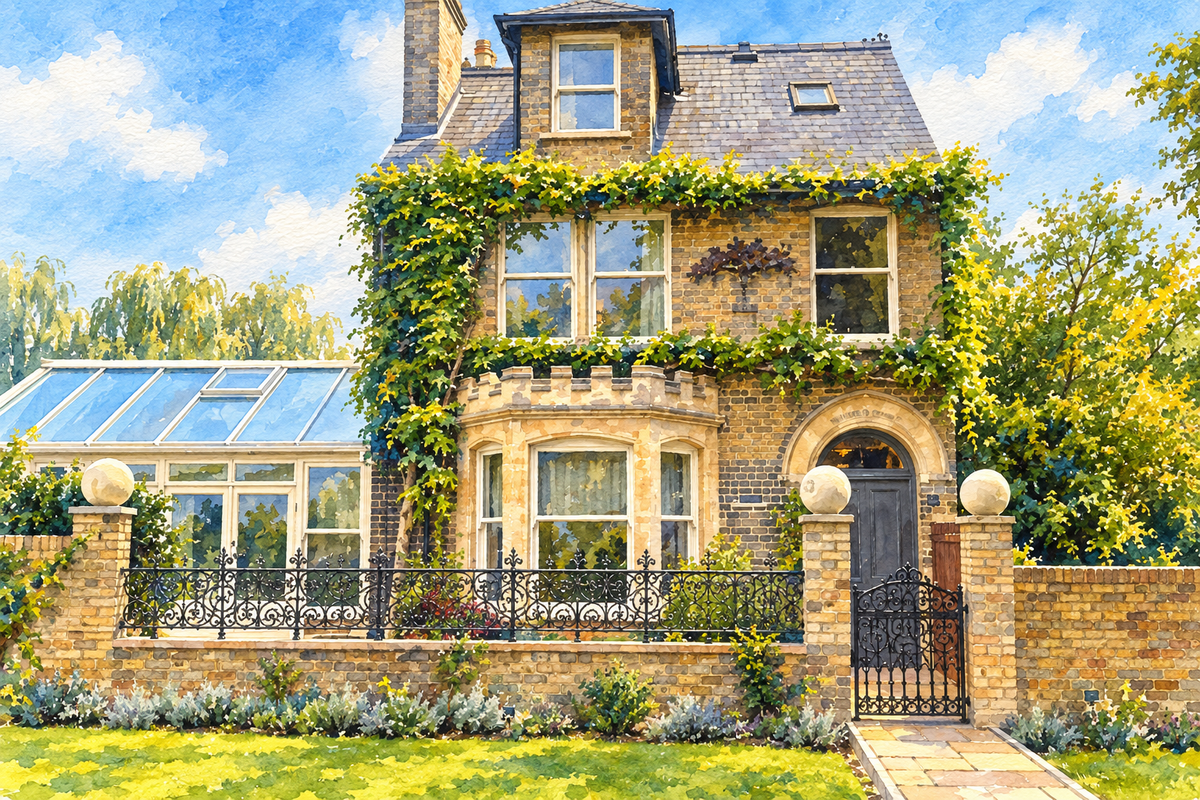 Midsummer House restaurant, Cambridge, sunny landscape watercolour
