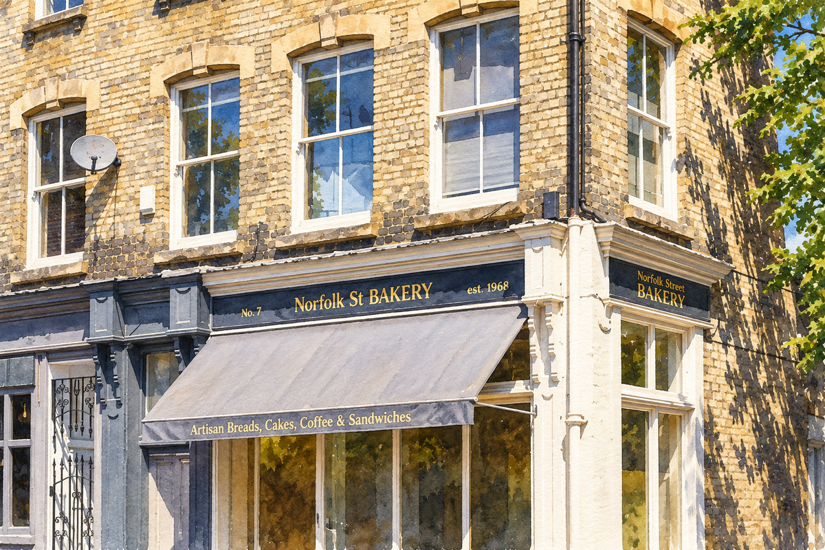 Norfolk Street Bakery original corner shop, Cambridge, sunny landscape watercolour