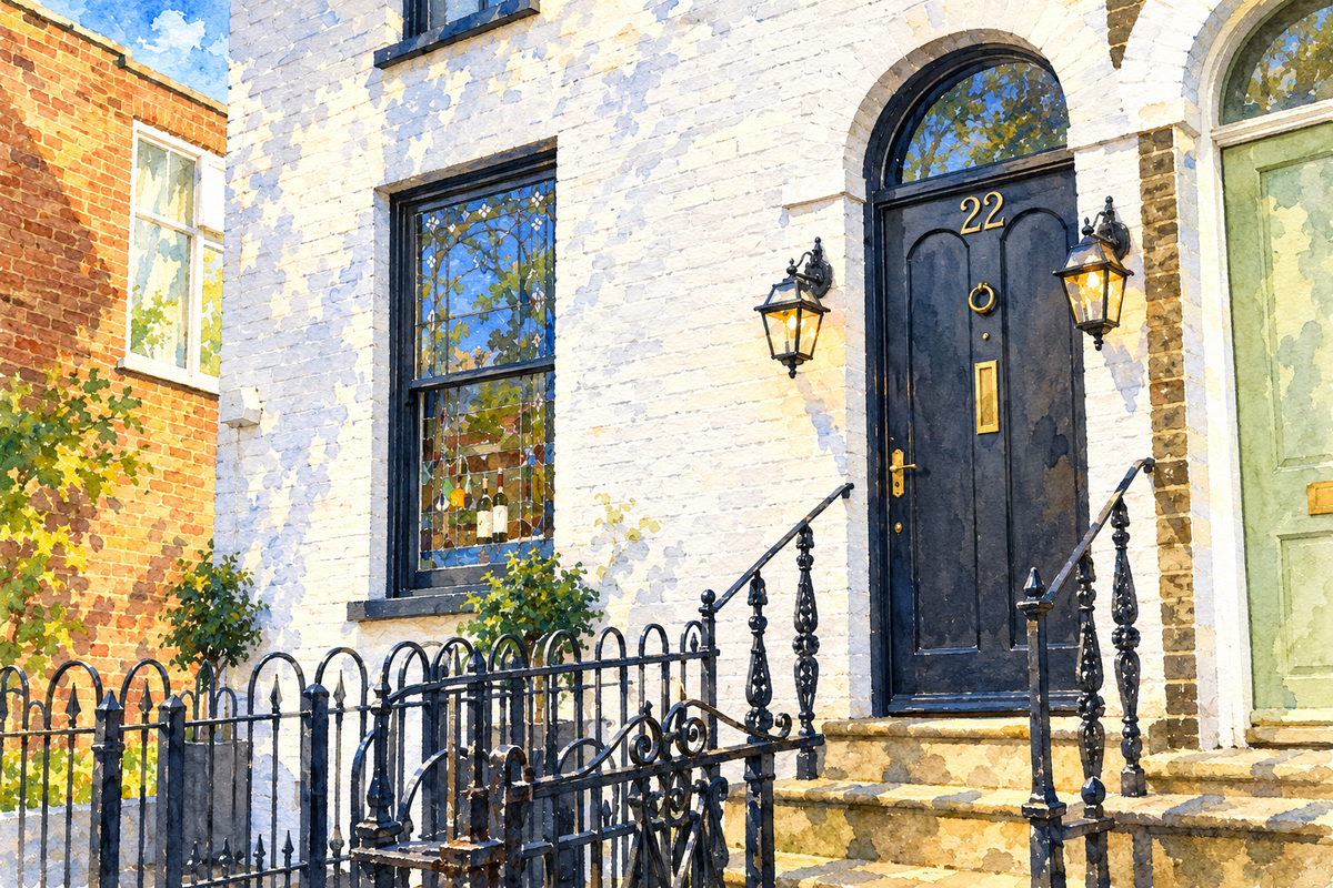 Restaurant Twenty-Two entrance on Chesterton Road, Cambridge, sunny landscape watercolour
