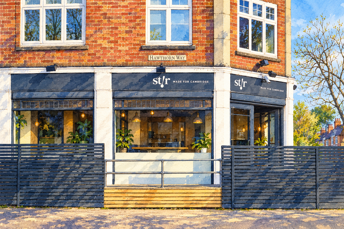 STIR café on Chesterton Road, Cambridge, sunny landscape watercolour
