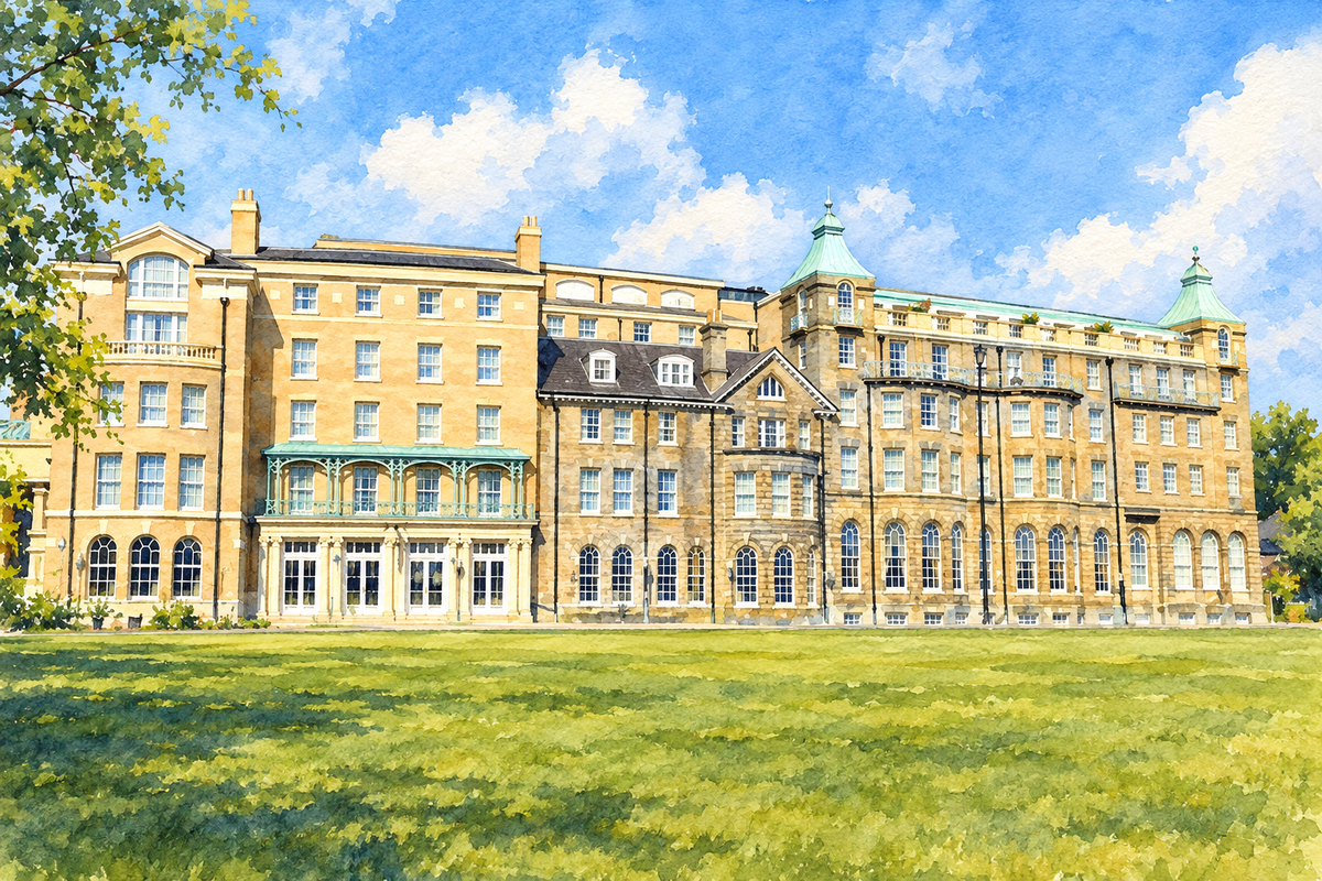 University Arms hotel beside Parker’s Piece, Cambridge, sunny landscape watercolour