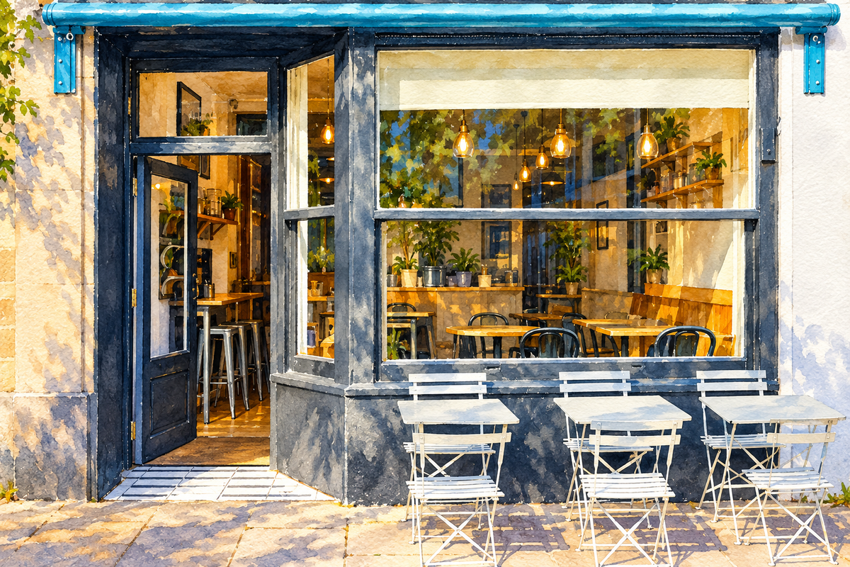Urban Larder café on Mill Road, Cambridge, sunny landscape watercolour