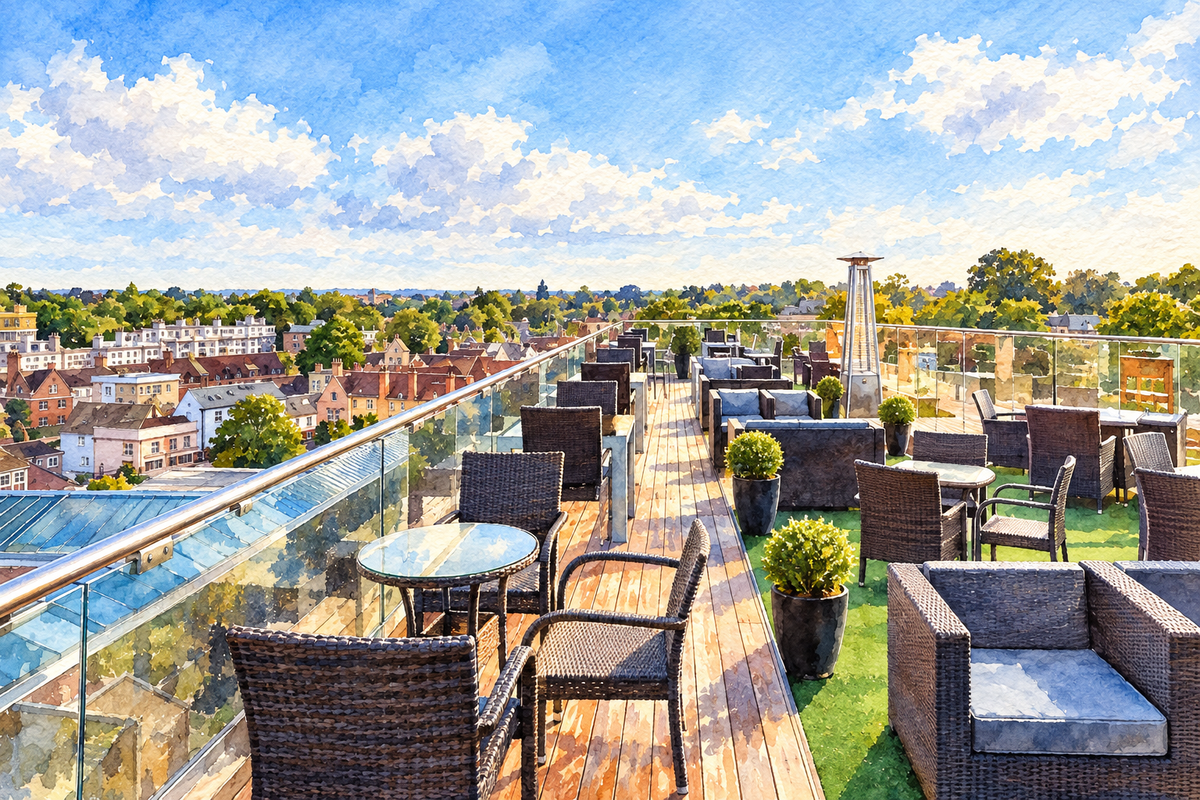 The Varsity Hotel roof terrace, Cambridge, sunny landscape watercolour