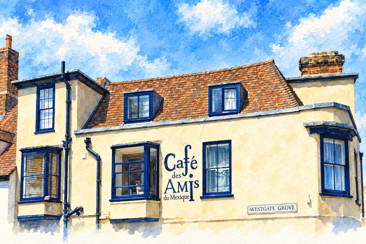 Upper frontage of Café des Amis at Westgate Grove, Canterbury