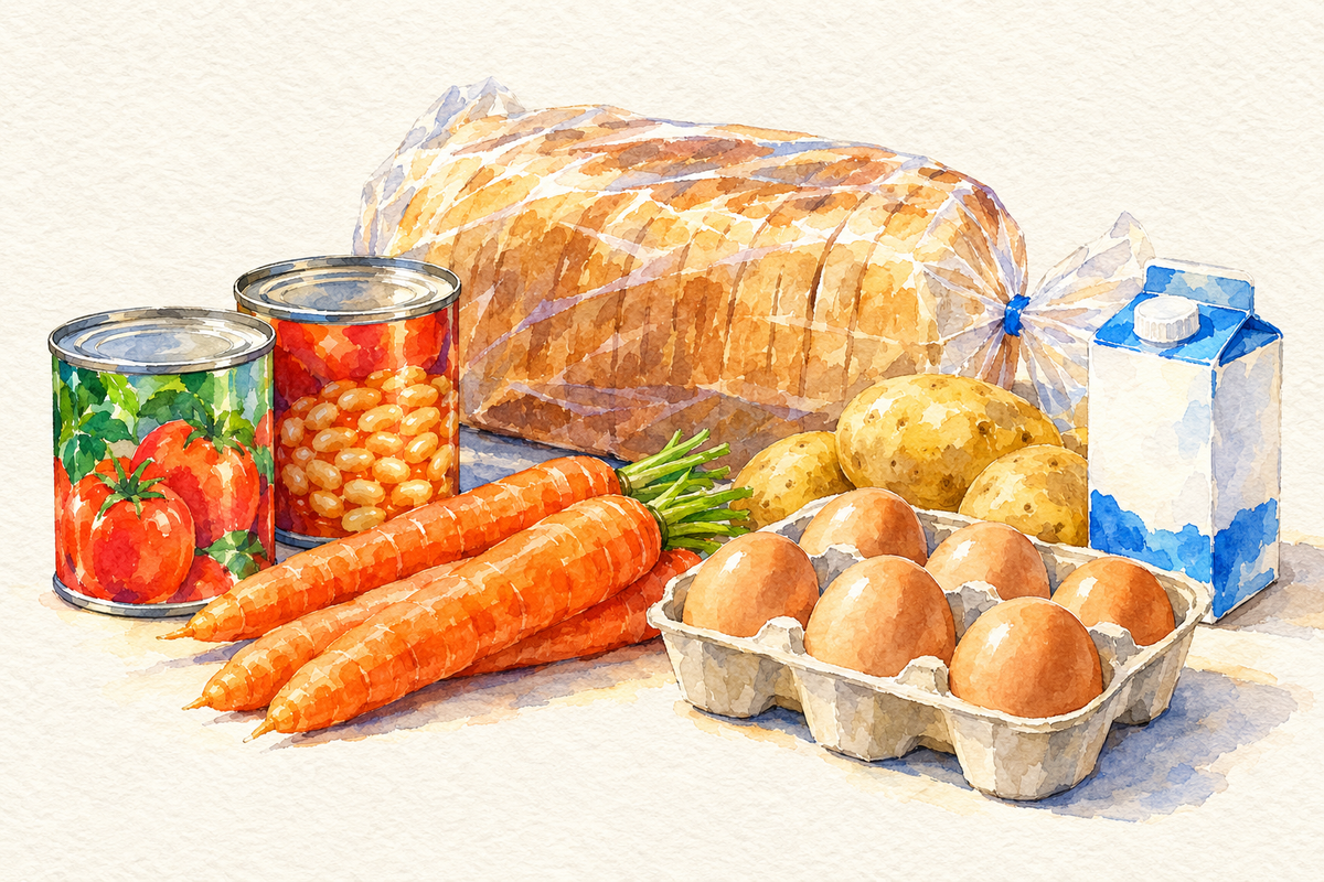 Food items in a study for Canterbury Food Bank's parcel service