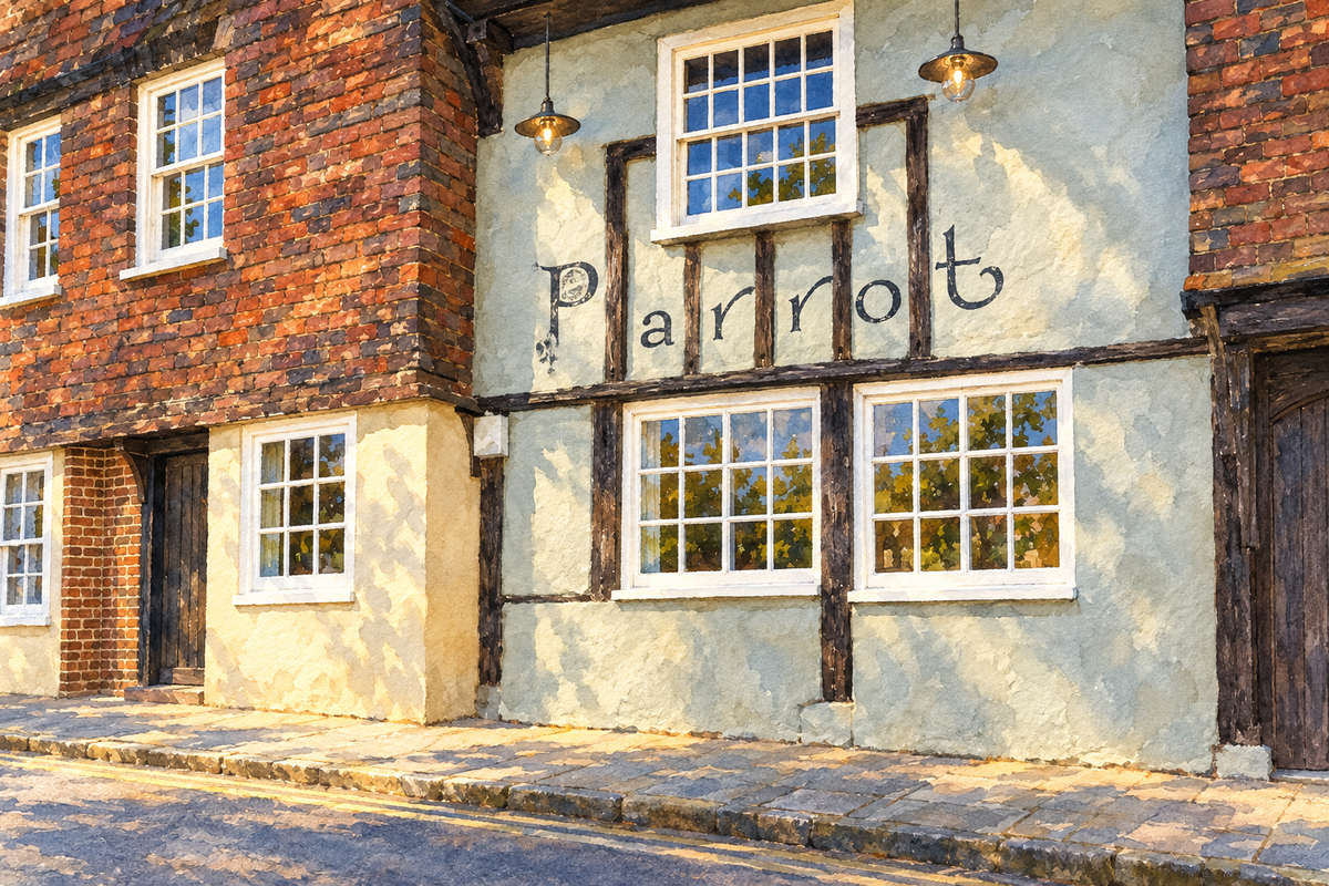 The Parrot's timber and brick frontage on St Radigund's Street, Canterbury