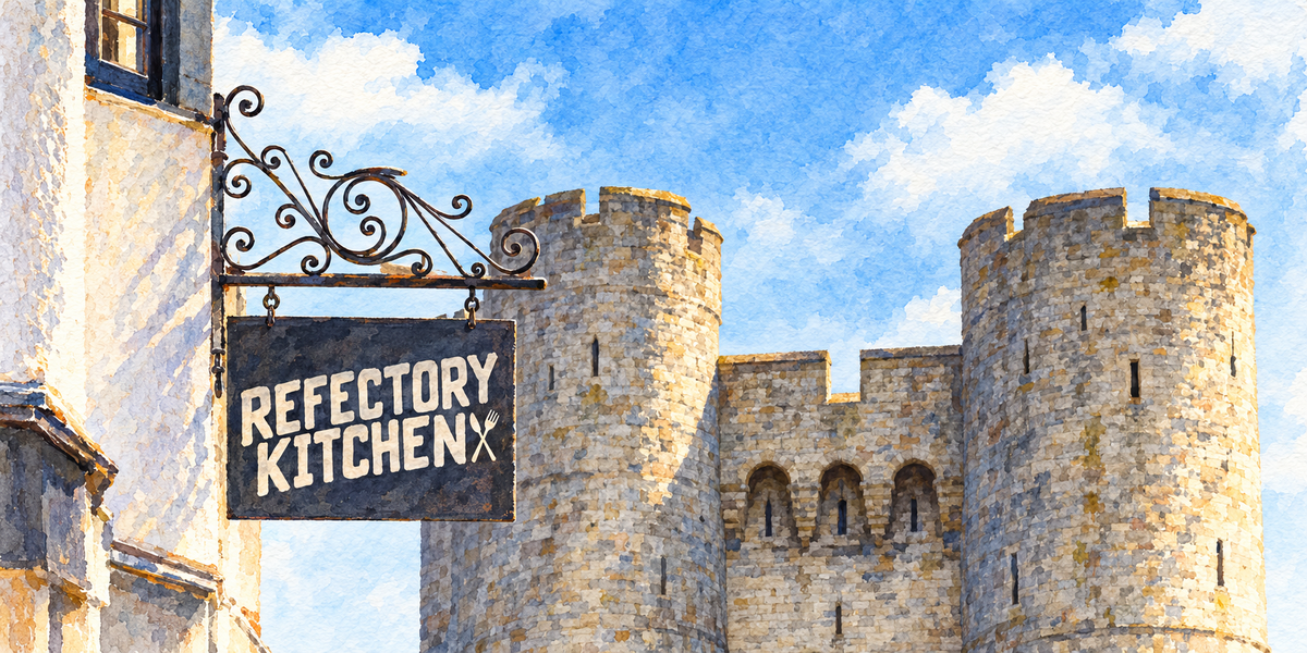 The Refectory Kitchen's sign with Westgate Towers beyond