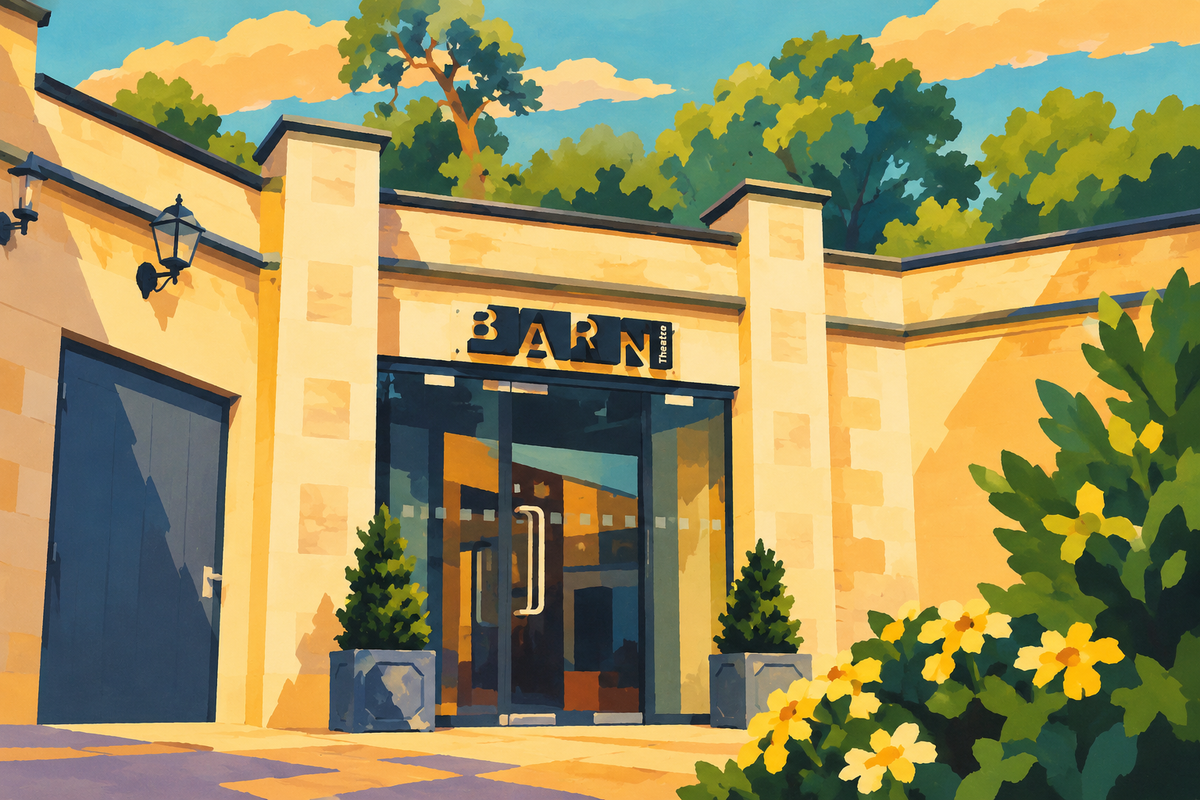 Illustration of the Barn Theatre entrance, with pale pilasters and dark glazed doors.