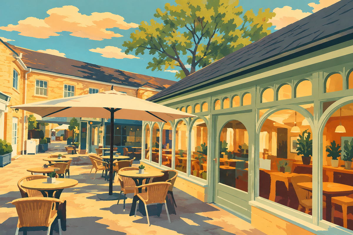 Illustration of Café Mosaic’s courtyard, with curved glazed windows and outdoor tables.