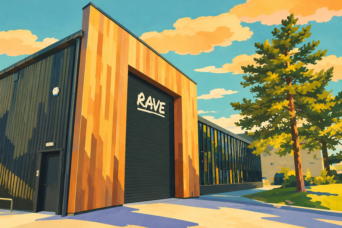 Illustration of Rave Coffee’s Phoenix Way headquarters, with a tall timber-clad entrance and lower roastery wing.