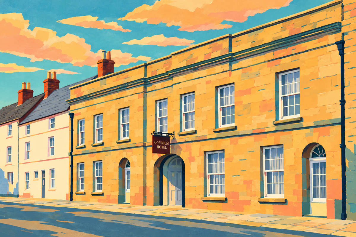 Illustration of the Corinium Hotel on Gloucester Street, showing its stone parapet and arched entrance.